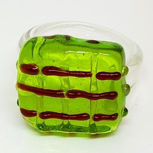 Vintage Mid Century Modern Apple Green and Red Square Front Glass Ring Size 7.5